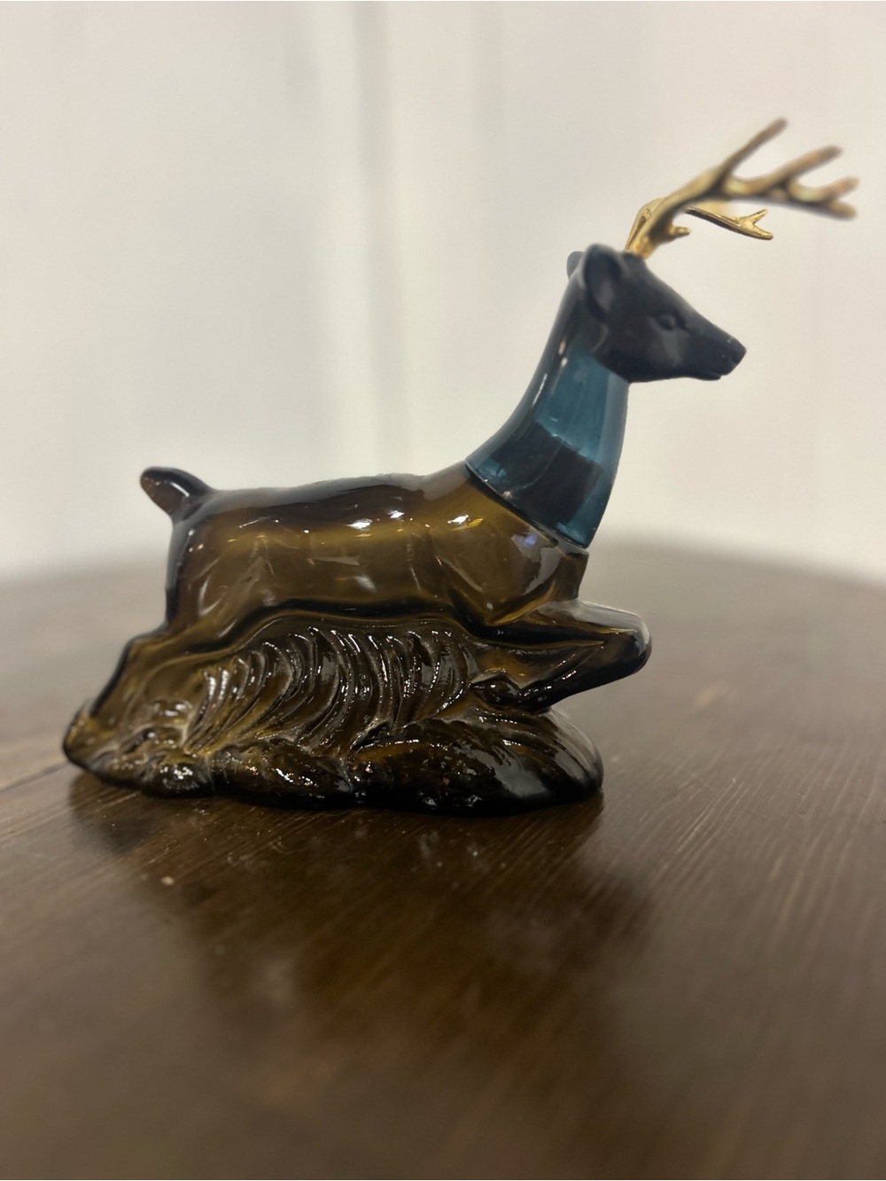 1960s Avon Buck Deer Amber Glass Cologne Bottle - Vintage with Blue and Gold